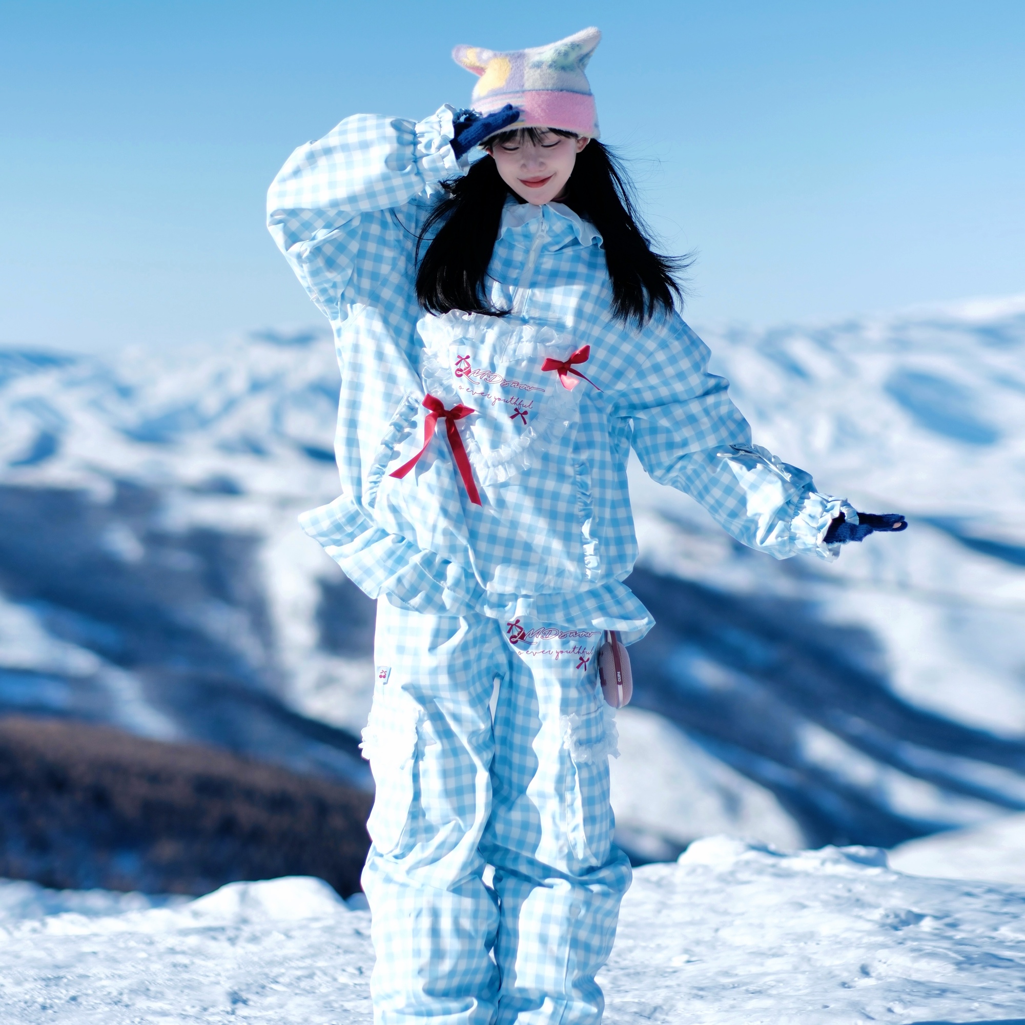 lmdsnow25新品蝴蝶结可爱滑雪服蓝色小个字滑雪衣防水保暖3L单板