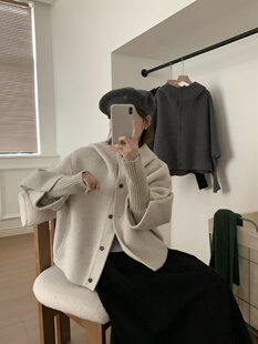 韩版宽松气质连帽女秋冬新款百搭外套短款双面羊绒羊毛女高级感