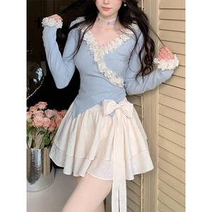 温柔甜美套装裙女春季2025新款花边大V领交叉针织上衣+半裙两件套