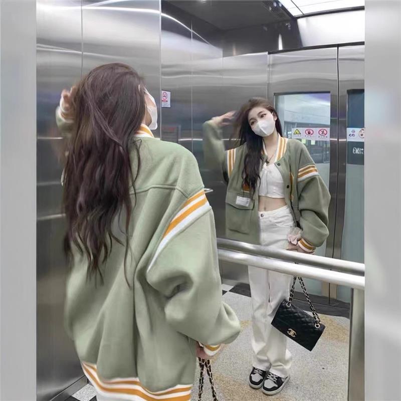 春秋美式棒球服宽松大码爆款小众字母上衣慵懒风毛呢外套女ins潮