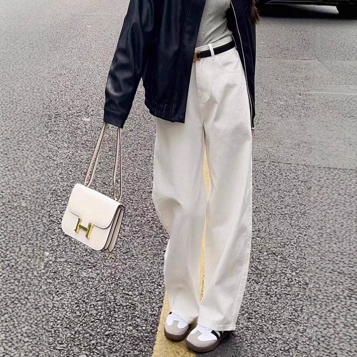 白色阔腿加绒牛仔裤女秋冬新款高腰大码胖mm显瘦宽松直筒拖地裤子