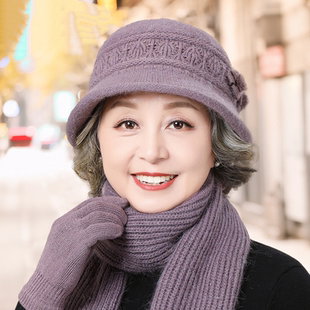 中年妈妈帽子女冬季加绒保暖毛线帽中老年人奶奶姥姥老人棉帽围巾