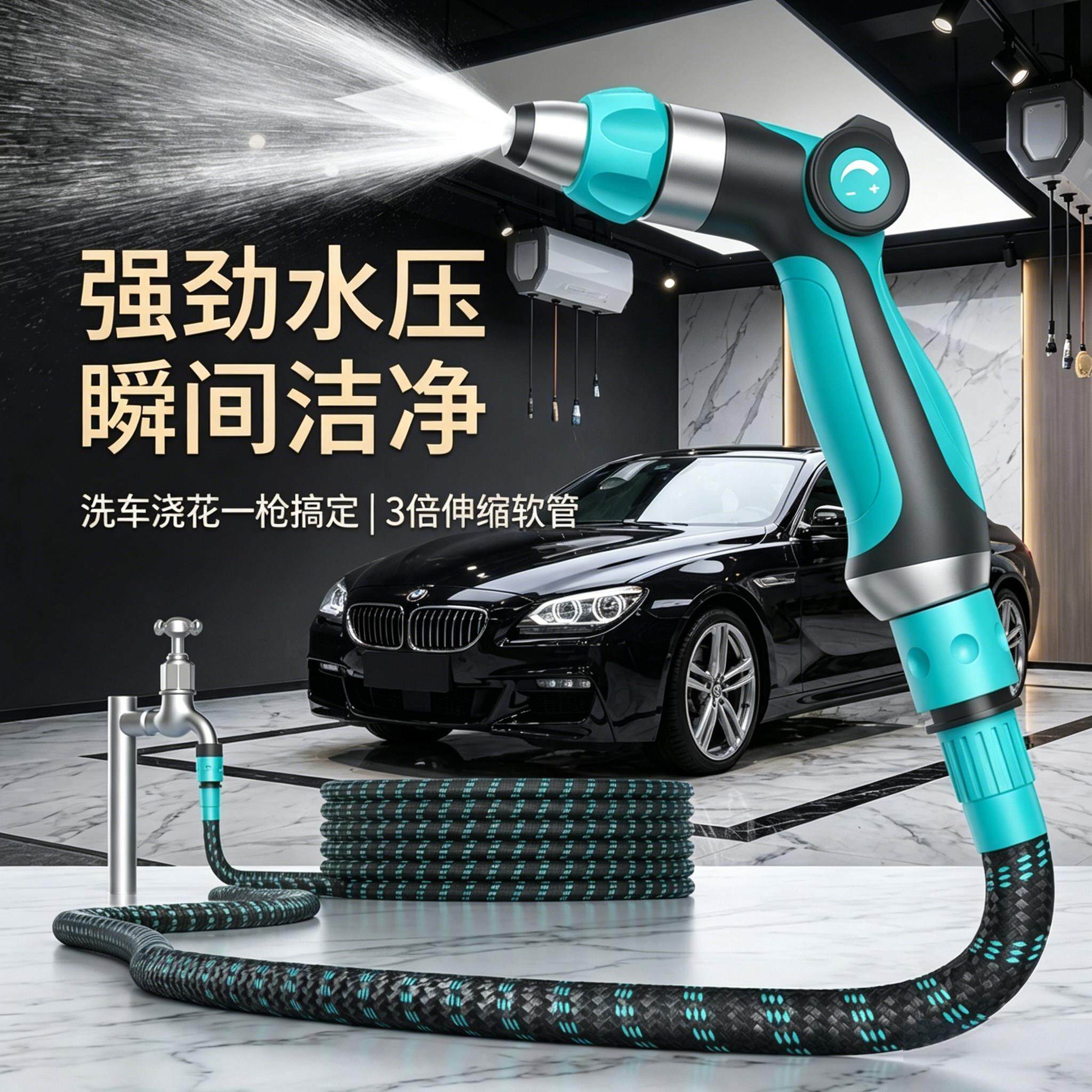 德国洗车高压水枪泡沫壶家用洗地浇花伸缩水管软管强力增压冲院子