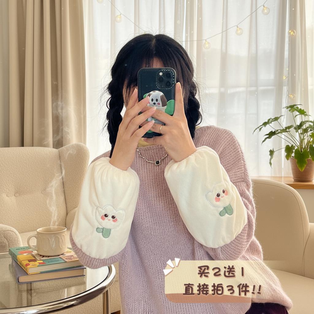 袖套女2026新款秋冬可爱卡通套袖办公室羽绒服防耐脏护袖毛绒袖头
