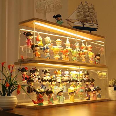 盲盒收纳展示架泡泡玛特公仔收纳盒透明亚克力带灯手办展示柜实木