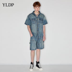 YLDP复古街头12OZ水洗蓝工装翻领牛仔短袖衬衫短裤两件套装男