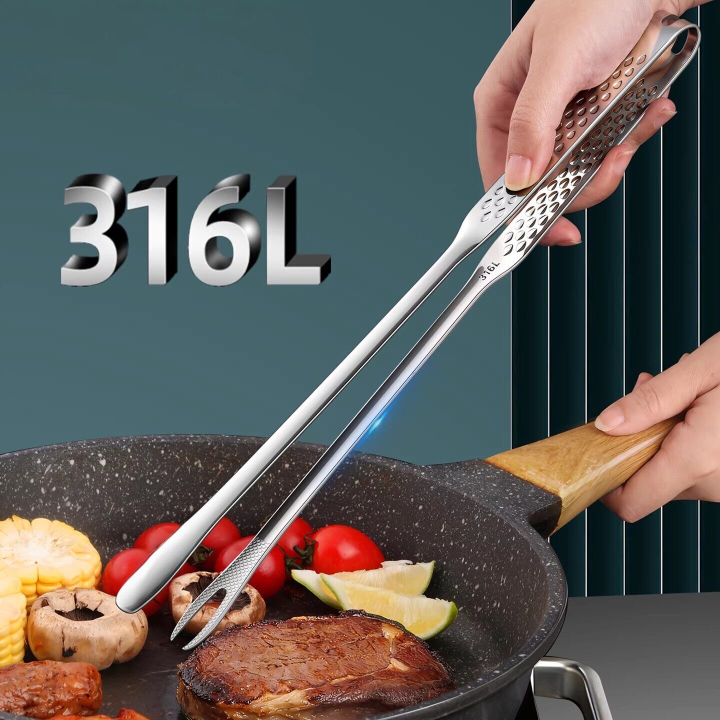 韩式316L不锈钢烤肉夹子加厚叉夹一体厨房煎牛排夹加长防烫烧烤夹