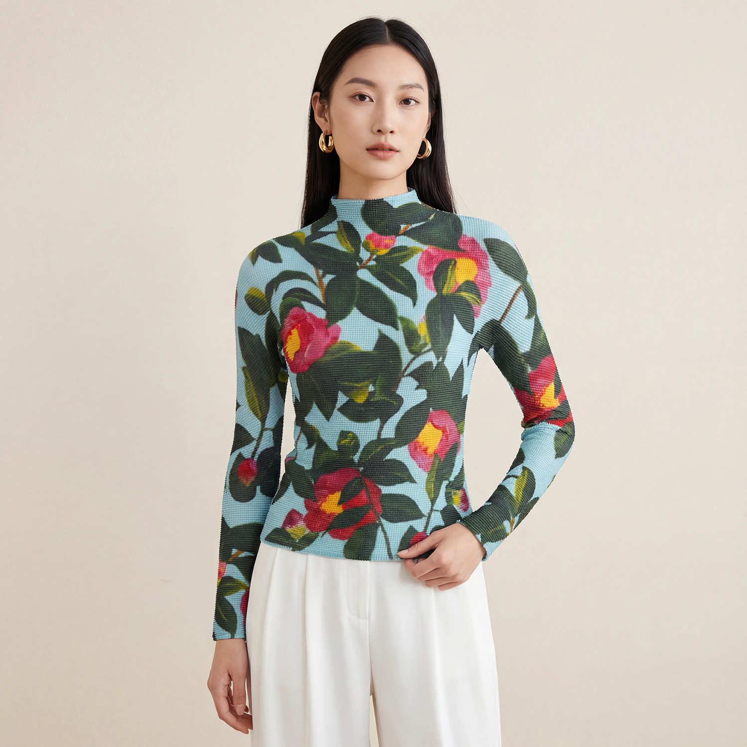 小众印花褶皱长袖上衣女2026年春款高弹力紧身半高领打底T恤衫