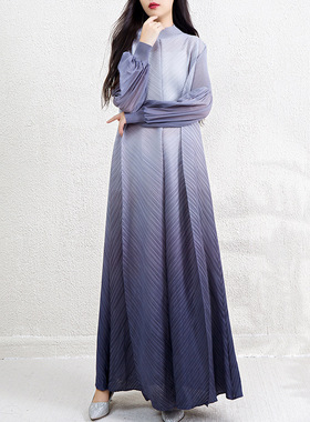 2024年中东褶皱渐变色长裙女装时尚气质宽松大码长袖立领连衣裙