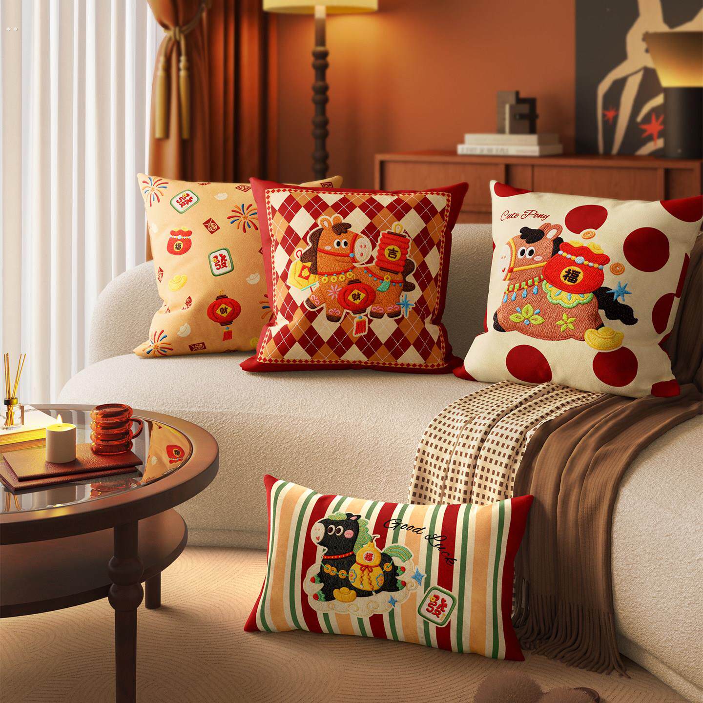 马年新年喜庆抱枕2026氛围感装饰布置沙发客厅长条靠枕红色靠垫套