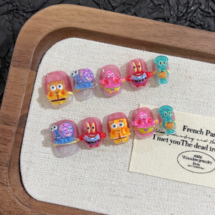 [Handmade] Handmade Spongebob Squarepants and Patrick Star Cartoon Nail Art Custom Short Fake Nails