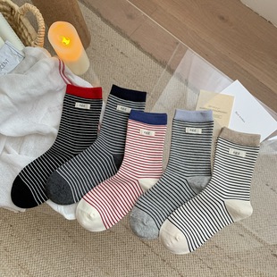 日本品质春秋新品 袜子女韩国撞色egg布标无骨条纹布标纯棉秋冬中