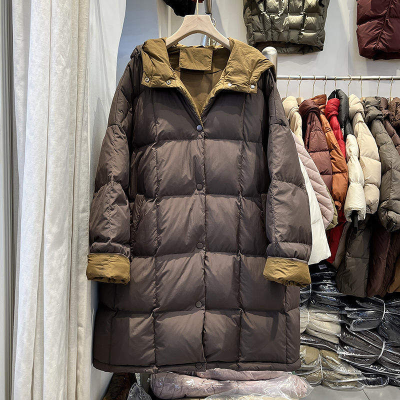 新款秋冬韩版连帽羽绒服女中长款加厚欧货大版大码撞色外套潮