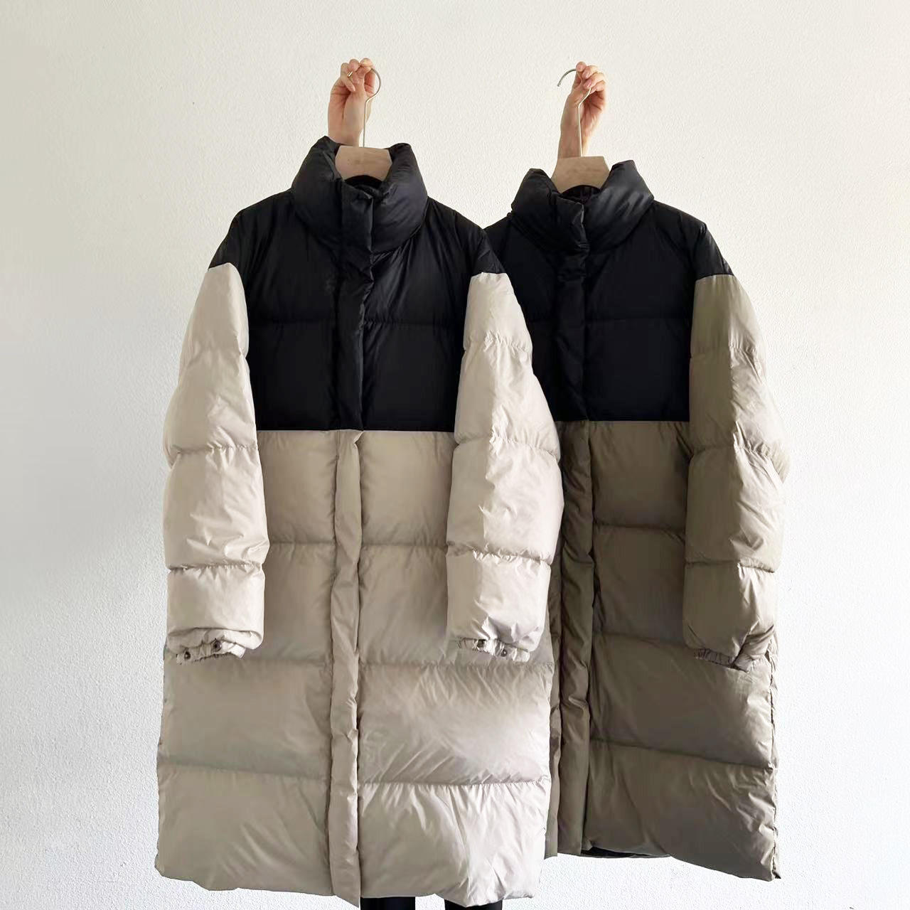 新款秋冬韩版立领羽绒服女中长款宽松拼接撞色情侣面包服外套
