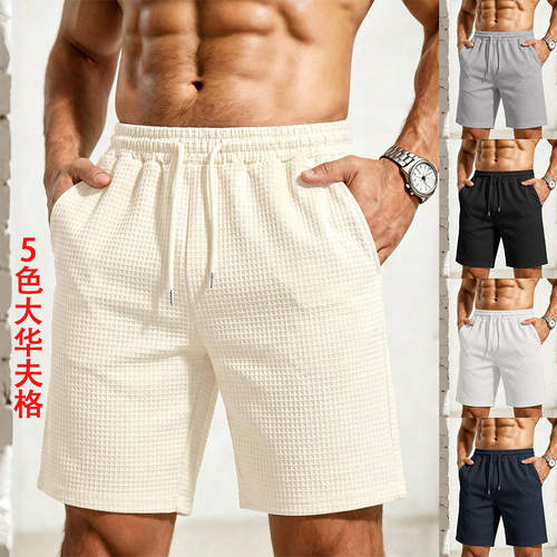 跨境亚马逊2026夏季休闲男士短裤大方格纯色直筒美式五分裤男运动