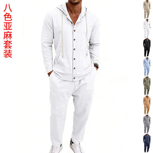跨境欧美男士亚麻度假休闲连帽长袖衬衫宽松长裤套装现货棉麻透气