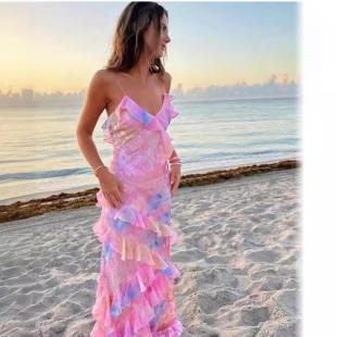 欧美风ins外贸时尚 新款 印花性感吊带露背系带不规则连衣裙潮Dress