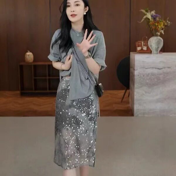 夏季洋气短袖T恤亮片裙套装女