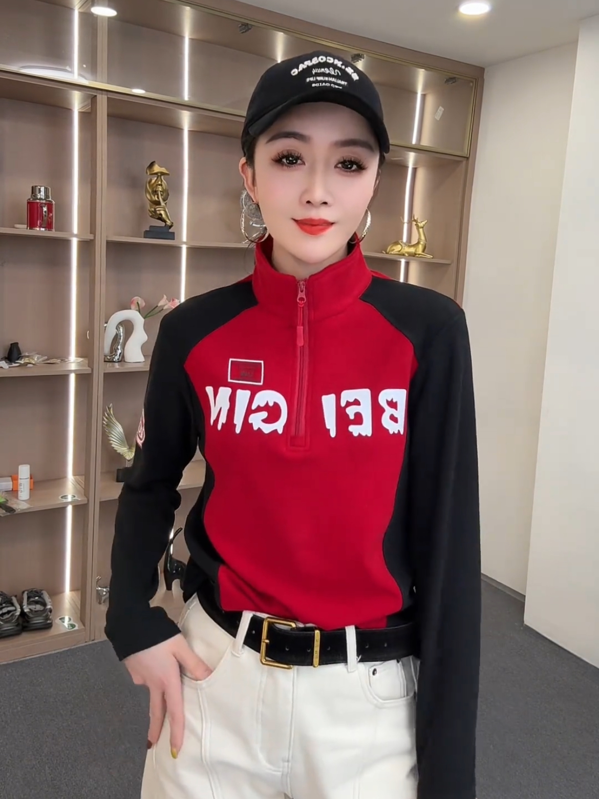 美式撞色拼接立领棒球服T恤女