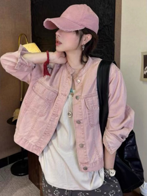 韩系做旧立领短款极简牛仔外套女