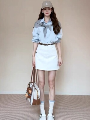 春季长袖衬衫披肩上衣半身裙套装