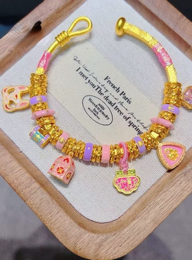 小红书抖音爆款沙金粉色多巴胺盘缠手镯女新中式国潮风如意锁手镯