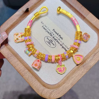 小红书抖音爆款沙金粉色多巴胺盘缠手镯女新中式国潮风如意锁手镯