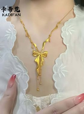 国潮新中式仿沙金司凤同款在逃公主蝴蝶结流苏项链套链女婚嫁项链