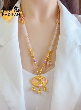 沙金粉色双鱼锦鲤锁玉兰花珍珠双勾项链吊坠毛衣链送女友礼物