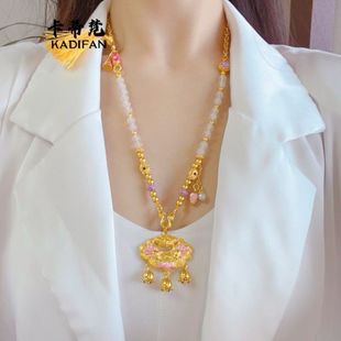 沙金粉色双鱼锦鲤锁玉兰花珍珠双勾项链吊坠毛衣链送女友礼物