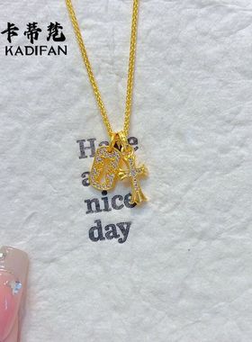 小红书爆款沙金点钻十字架镂空方牌吊坠项链叠戴甜酷风锁骨链小众