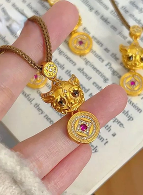 韦雪同款粉钻招财貔貅吊坠立体錾刻元宝祥云纹铜钱貔貅项链新中式