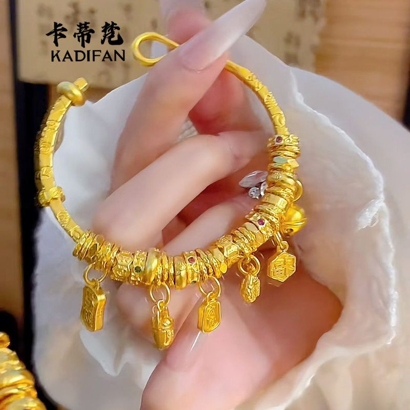 沙金古法吉言錾刻多宝盘缠手镯diy六字箴言藏风串珠招财纳福盘缠