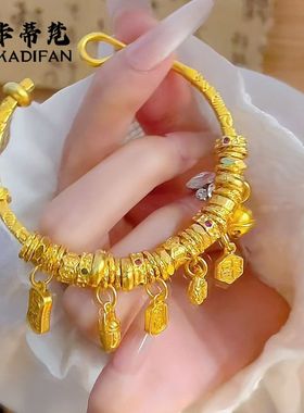 沙金古法吉言錾刻多宝盘缠手镯diy六字箴言藏风串珠招财纳福盘缠