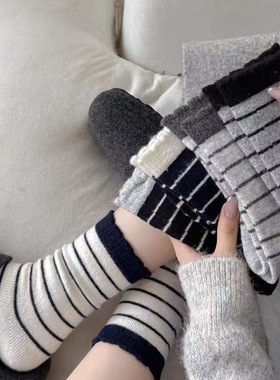 条纹袜子女百搭中筒袜秋冬季女生日系保暖居家睡眠月子堆堆袜冬天
