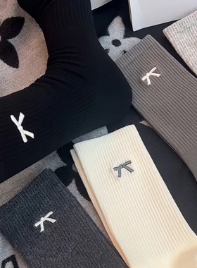 网红款春秋灰色蝴蝶结袜子女中筒袜ins潮简约百搭按摩底运动长袜