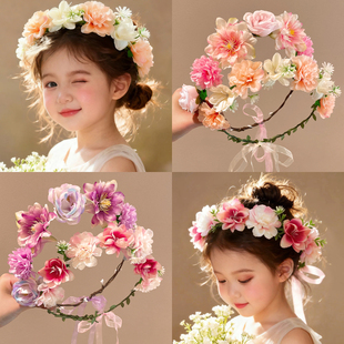 森系花环头饰花朵仙女公主发饰飘带簪花发箍女款儿童头花2026新款