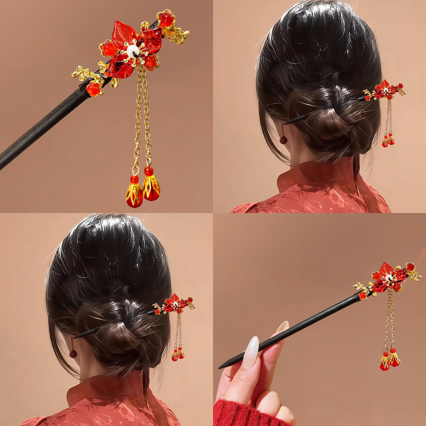 红色新年2026新款发簪新中式汉服盘发丸子头花朵流苏簪子发钗发饰,饰品/流行首饰/时尚饰品新,发饰,淘宝优惠券,粉丝福利购,淘宝优惠卷