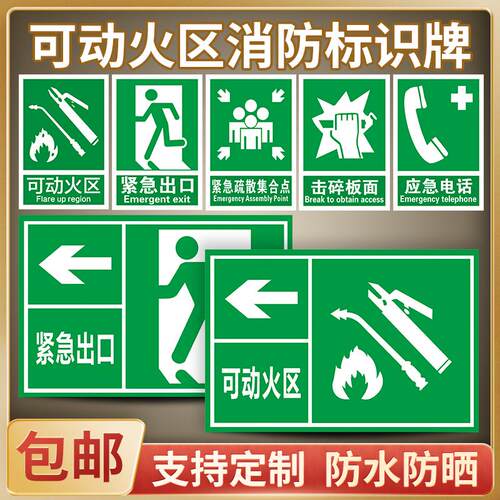 应急出口紧急避难场所可动火区安全警示牌安全避险处急救站牌击碎板面标志贴标识贴提示牌警告贴纸PVC可定制