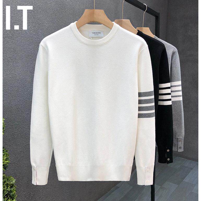 潮牌秋冬季圆领白色毛衣男士高级感痞帅休闲内搭打底衫修身针织衫