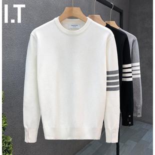 潮牌秋冬季圆领白色毛衣男士高级感痞帅休闲内搭打底衫修身针织衫