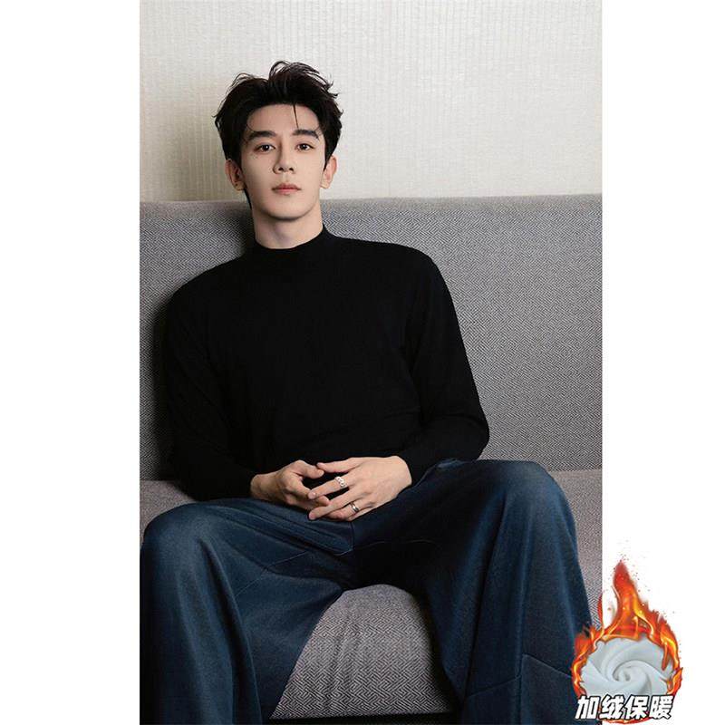 轻奢黑色德绒保暖上衣男2025秋冬美式半高领修身加绒内搭长袖t恤