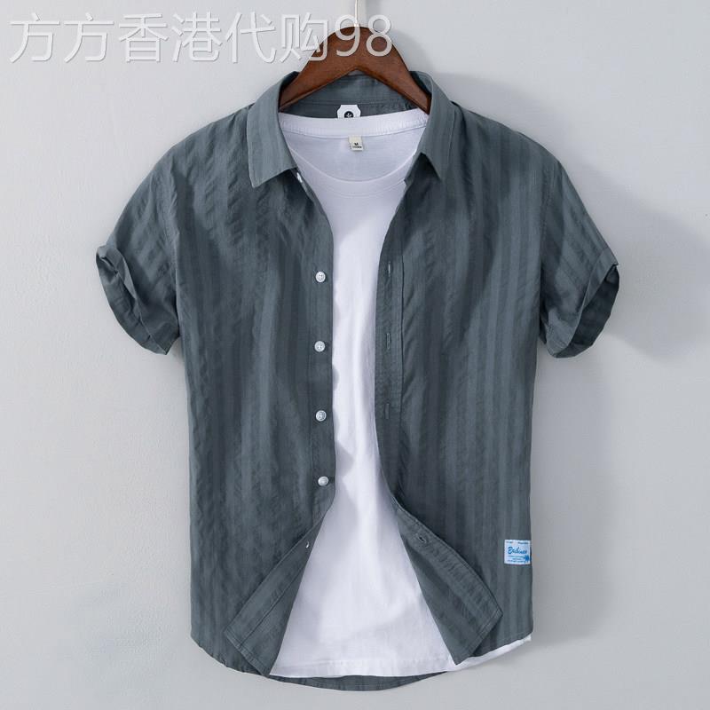 港风日系休闲暗条纹薄款短袖男青年纯棉衬衫质感透气百搭夏季开衫
