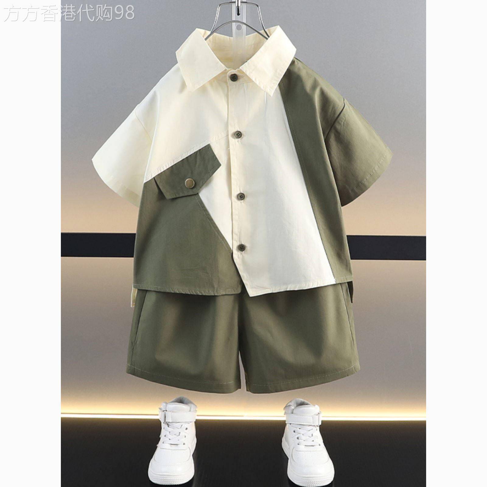 韩国洋派男童夏季拼接短袖衬衫套装2026新款儿童两件套幼儿夏季服