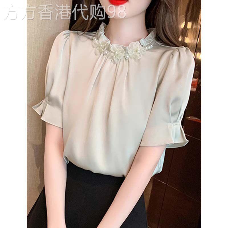 短袖衬衫女2026新款夏季立领高级感轻奢减龄洋气木耳边雪纺上衣女