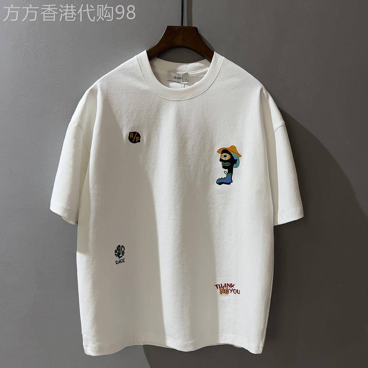 代购创意刺绣花男款白色T恤圆领短袖2026夏新款简约高端宽松上衣