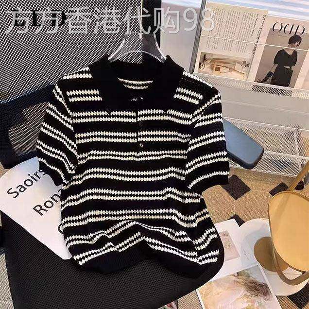 冰丝POLO衫男短袖夏季潮牌宽松翻领条纹半袖T恤男士针织休闲上衣