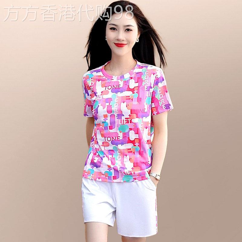 运动套装女夏2026新款宽松洋派速干燥花色短袖短裤休闲跑步两件套