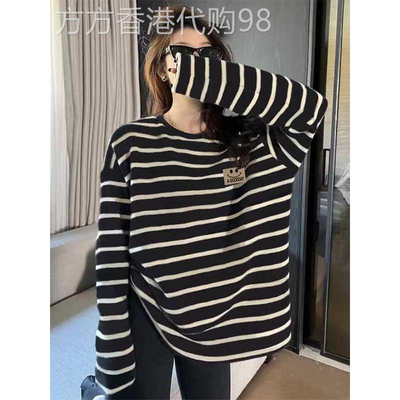 秋天款中长款条纹纯棉长袖t恤女ins小众时尚百搭减龄显瘦上衣