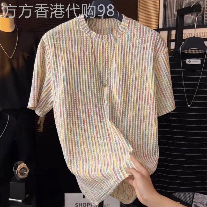 潮牌老钱风提花彩虹肌理感设计短袖T恤男士夏季薄款百搭圆领半袖t